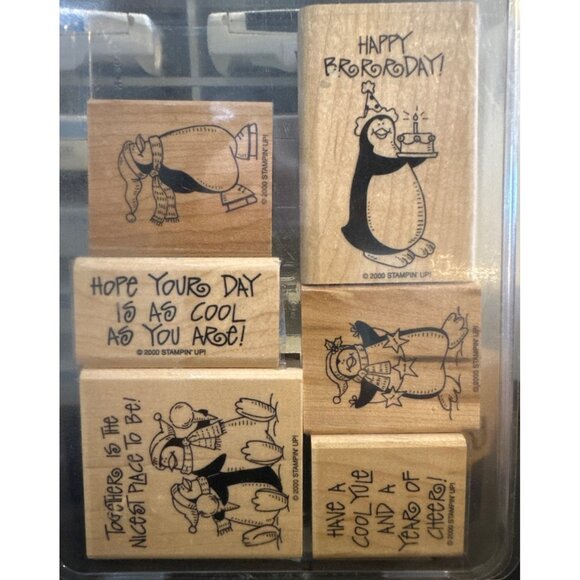 Stampin Up Penguin Party Rubber Stamps Set Of 6 Wood Mounted Penguin Stamps - Picture 1 of 2
